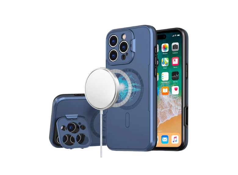 HR Cases - iPhone 16 6.1 inch Magnetic Ring Circle Camera Cap KickStand Hybrid UV Paint Matte Finish Case - Blue(PGMGCAP-iP16-Blue)