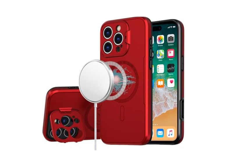 HR Cases - iPhone 16 6.1 inch Magnetic Ring Circle Camera Cap KickStand Hybrid UV Paint Matte Finish Case - Red(PGMGCAP-iP16-Red)