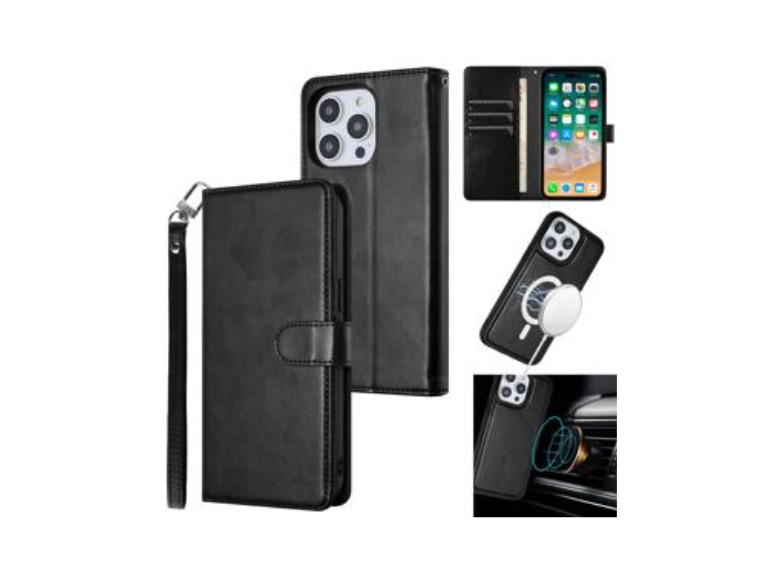 HR Cases - Samsung Galaxy s24 Magnetic Ring Compatible Deattachable PU Leather Hybrid Wallet Money Card Holder with Lanyard - Black(MGWLTEF-s24-BK)