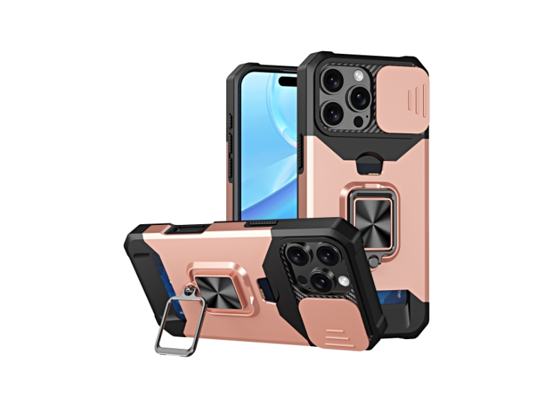 HR Cases - iPhone 16 Pro 6.3 inch Multi-Functional Card Magnetic Ring Stand Hybrid Camera Case Cover - Rose Gold(QBCRCM-iP16Pro-RGold)